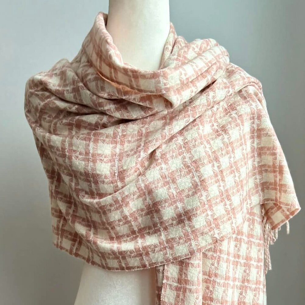 Pure Cashmere Dusty Blush & Cream Artisan Woven Stole with Fringe - 27" X 80"